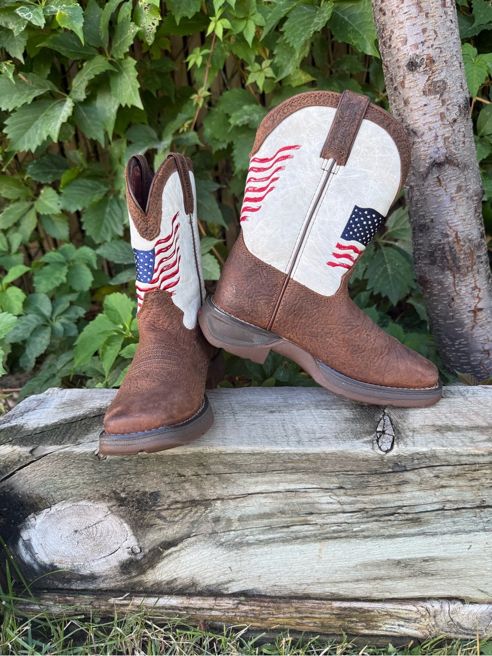 Durango Kids Brown and White Western Boots with Flag Accent